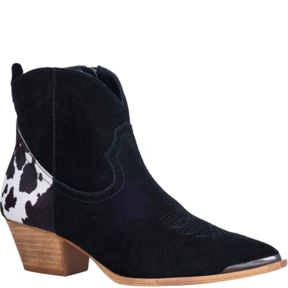 Dingo Black and White Ankle Booties with Cow Print